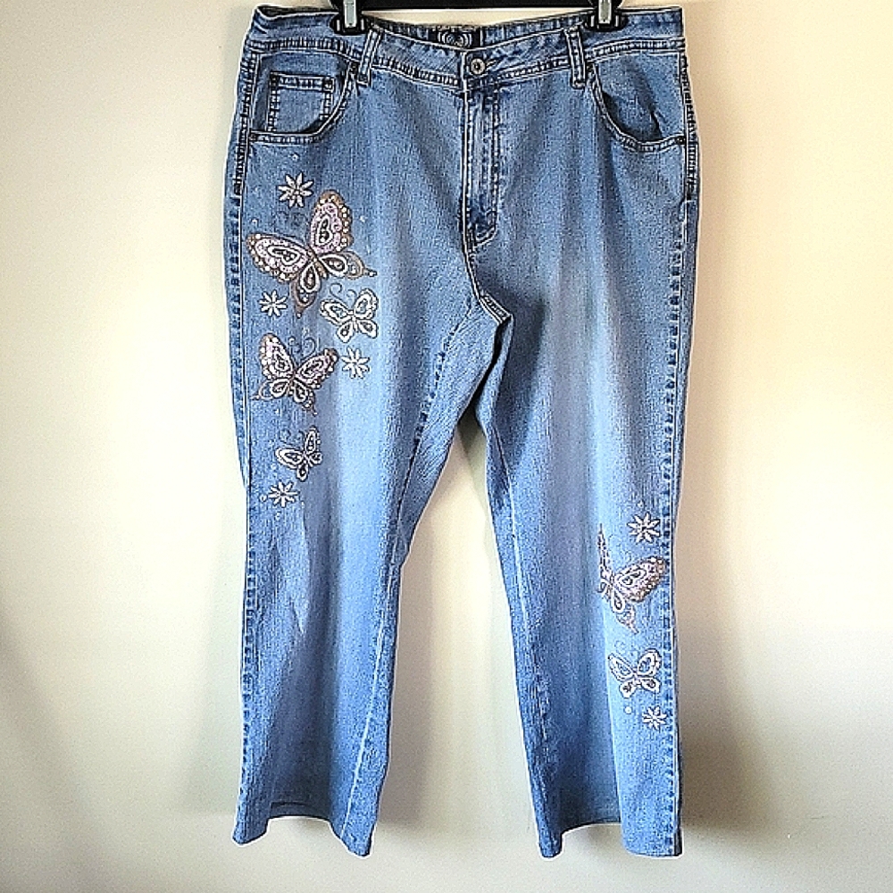 Angel Light Blue Embroidered Butterfly Flare Jeans